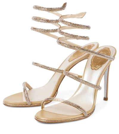 Shop René Caovilla Cleo Embellished Leather Sandals In Beige Satin/ C Golden Shadow S