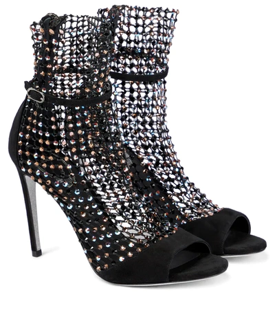 Shop René Caovilla Galaxia Embellished Suede Sandals In Black Suede/jet-light Smoked
