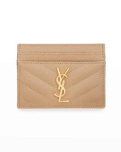 Shop Saint Laurent Ysl Grain De Poudre Leather Card Case, Golden Hardware In Dark Beige