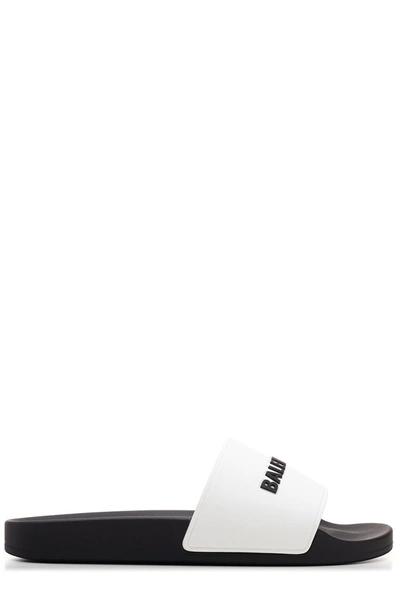 Shop Balenciaga Logo Printed Slides In White