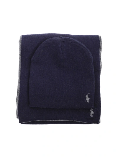 Shop Polo Ralph Lauren Logo Embroidered Scarf And Hat Set In Navy