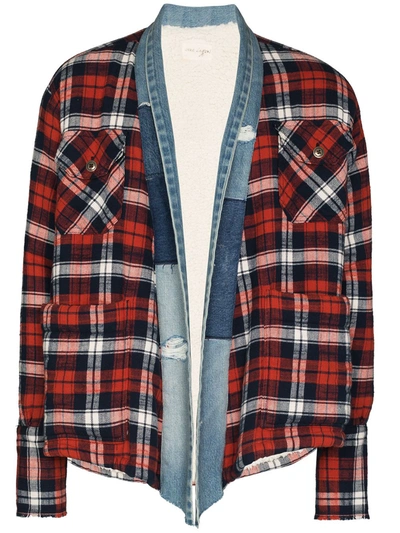 Shop Greg Lauren Plaid Flannel And Denim Cardigan In Blau