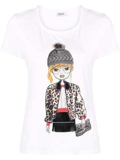 Shop Liu •jo Doll-print Stretch-cotton T-shirt In Weiss