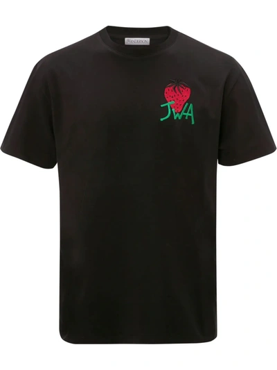 Shop Jw Anderson Strawberry-embroidered Cotton T-shirt In Schwarz