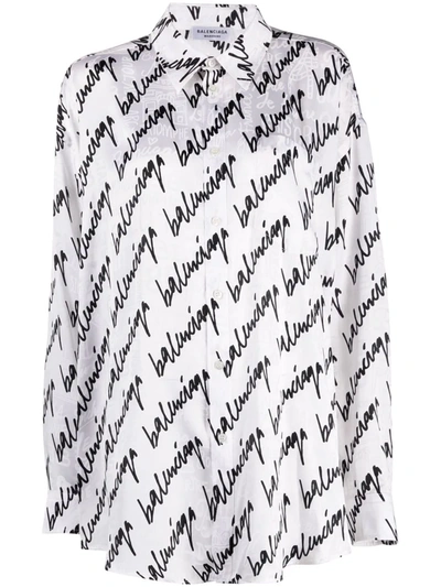 Shop Balenciaga Signature-print Silk Blouse In Weiss