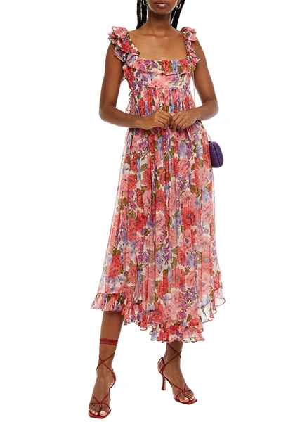 Shop Zimmermann Ruffled Floral-print Silk-crepon Maxi Dress In Coral