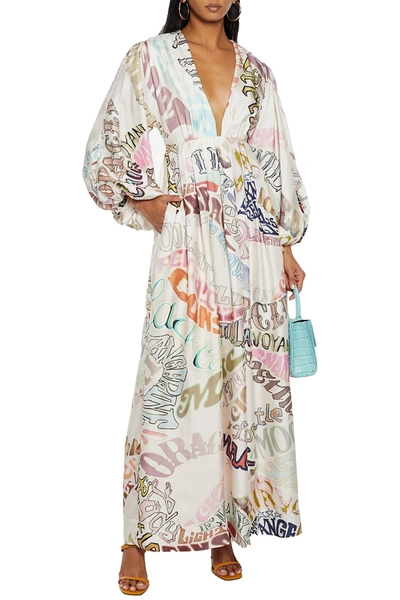 Shop Zimmermann Gathered Printed Silk-twill Maxi Dress In Off-white