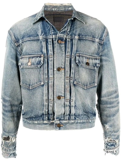 Shop Saint Laurent Distressed-effect Faded Denim Jacket In Blue