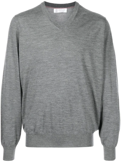 Shop Brunello Cucinelli V-neck Wool-cashmere Jumper In Grey