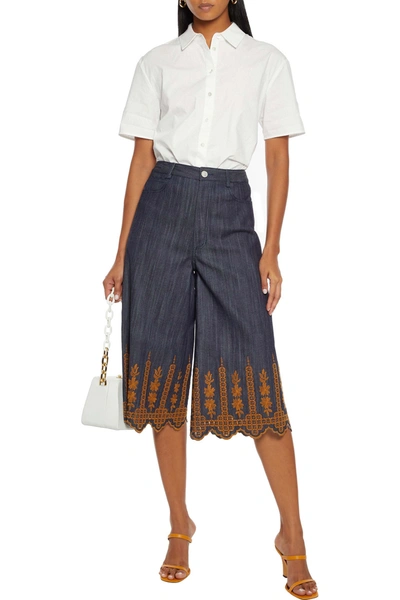 Shop Adam Lippes Broderie Anglaise-trimmed Denim Culottes In Dark Denim