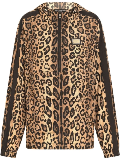 Shop Dolce & Gabbana Leopard-print Hooded Jacket In Braun