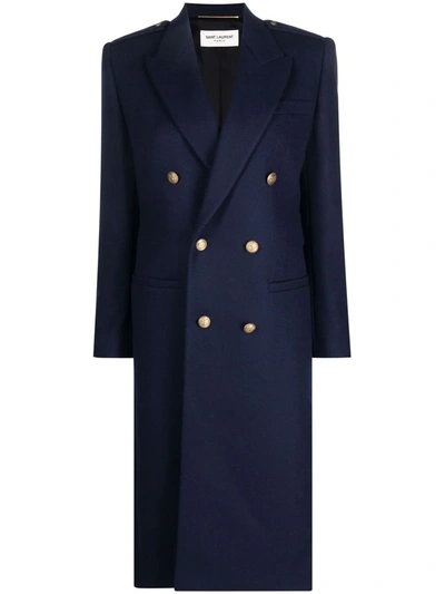 Shop Saint Laurent Double-breasted Tailored Coat In Blau