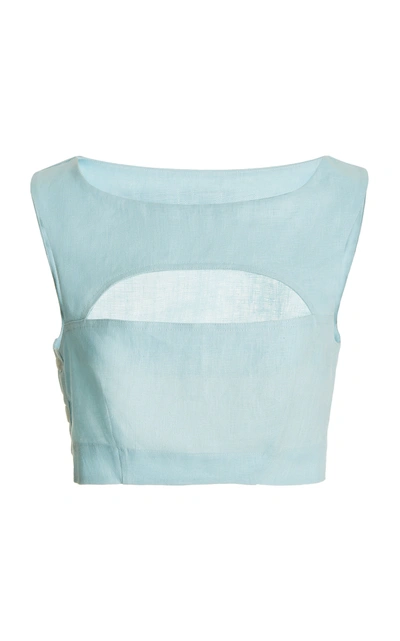 Shop Matthew Bruch Women's Cutout Linen Cropped Top In Blue