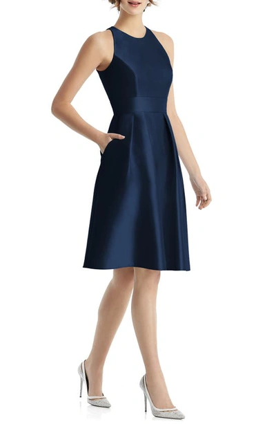 Shop Alfred Sung Jewel Neck Satin Cocktail Dress In Midnight
