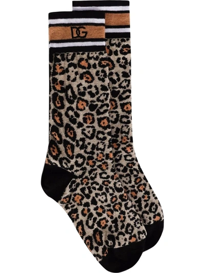 Shop Dolce & Gabbana Leopard-print Jacquard Socks In Brown