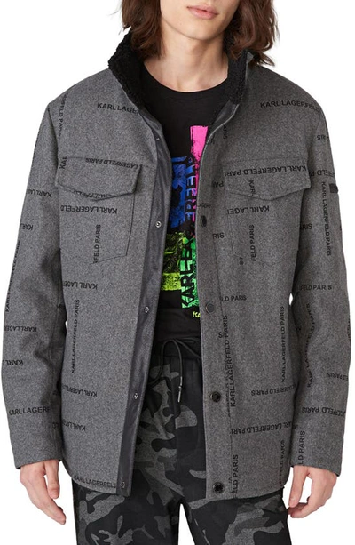 Shop Karl Lagerfeld Logo Wool Blend Shirt Jacket In Grey