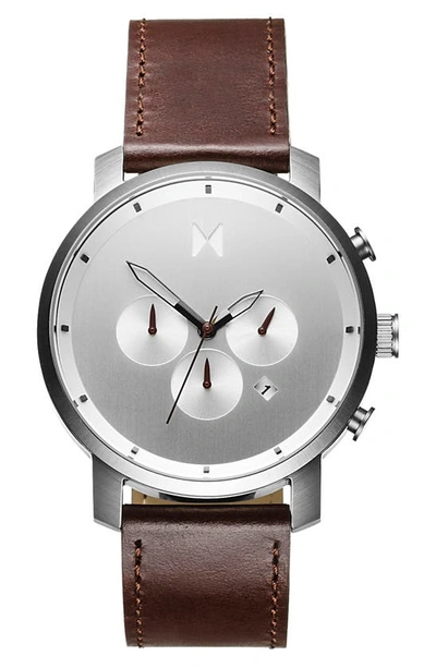 Shop Mvmt The Chrono Chronograph Leather Strap Watch, 45mm In Brown/ Silver