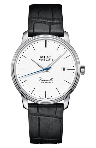 Shop Mido Baroncelli Heritage Automatic Leather Strap Watch, 39mm In Black/ White/ Silver