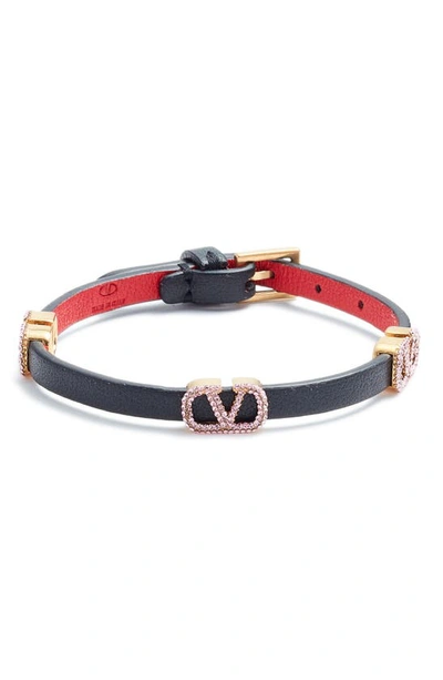 Shop Valentino Garavani Crystal Vlogo Leather Bracelet In Cerise-nero/ Light Amethist