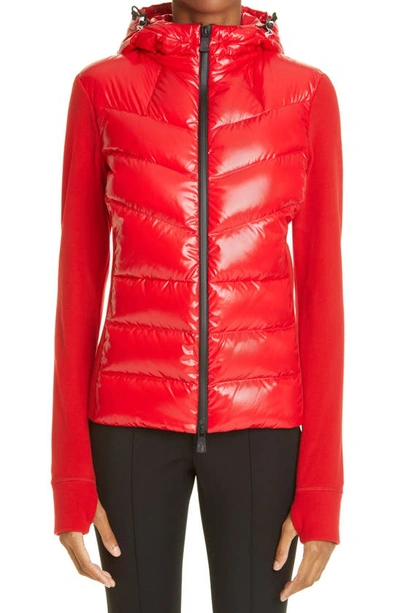 Shop Moncler Quilted 750 Fill Power Down & Fleece Hooded Cardigan In Bright Red