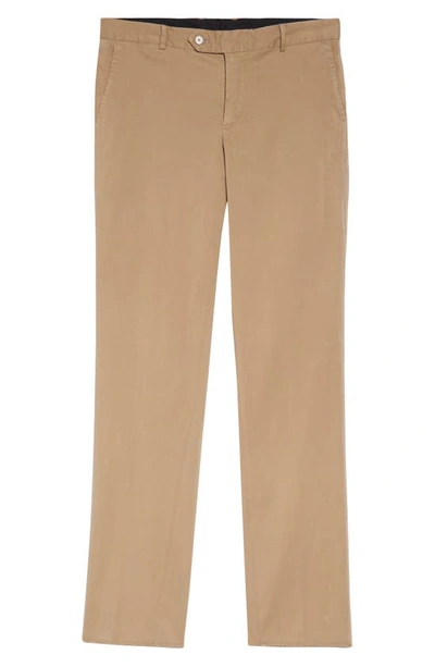 Shop Nordstrom Trim Straight Leg Stretch Flat Front Chino Trousers In Tan Desert