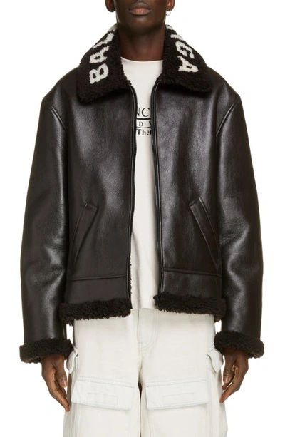 Shop Balenciaga Logo Collar Leather Jacket With Genuine Shearling Lining In Black/ Black