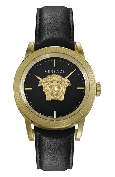 Shop Versace Palazzo Empire Leather Strap Watch, 43mm In Ip Yellow Gold