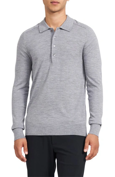 Shop Theory Long Sleeve Wool Polo In Cool Heather Grey