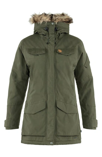 Shop Fjall Raven Nuuk Waterproof Parka With Removable Faux Fur Trim In Laurel Green
