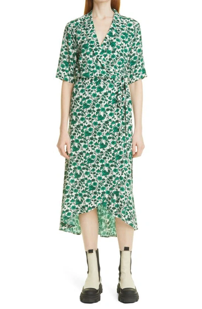 Ganni Floral Print Wrap Midi Dress In Green | ModeSens