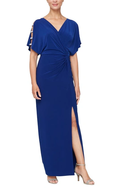 Shop Alex Evenings Embellished Sleeve Knot Front Gown In Dark Royal