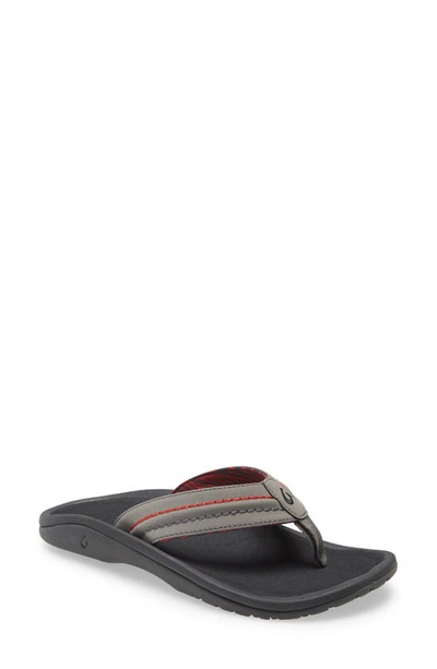 Shop Olukai Hokua Flip Flop In Dark Shadow/ Lehua Fabric