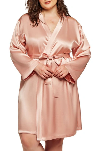 Shop Icollection Long Sleeve Satin Robe In Rose-gold
