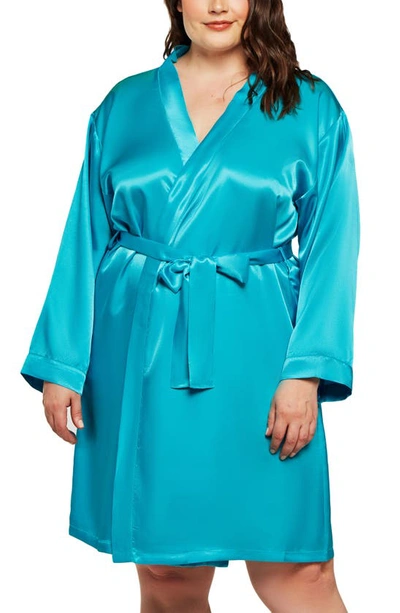 Shop Icollection Long Sleeve Satin Robe In Aqua