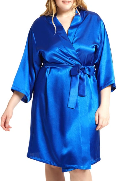 Shop Icollection Long Sleeve Satin Robe In Royal-blue
