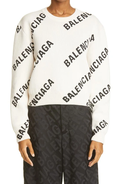 Shop Balenciaga Intarsia Logo Cotton Blend Sweater In 9054 Chalky White/ Black