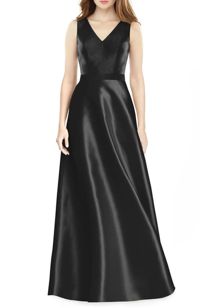 Shop Alfred Sung V-neck Satin Twill A-line Gown In Black