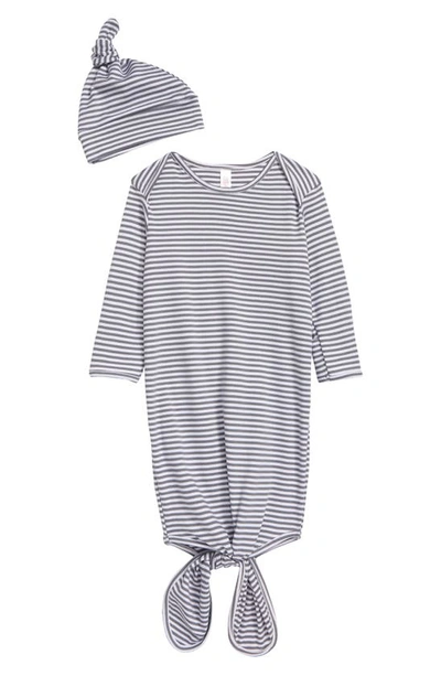 Shop Belabumbum Stripe Tie Gown & Knotted Hat Set In Gray / White Stripe