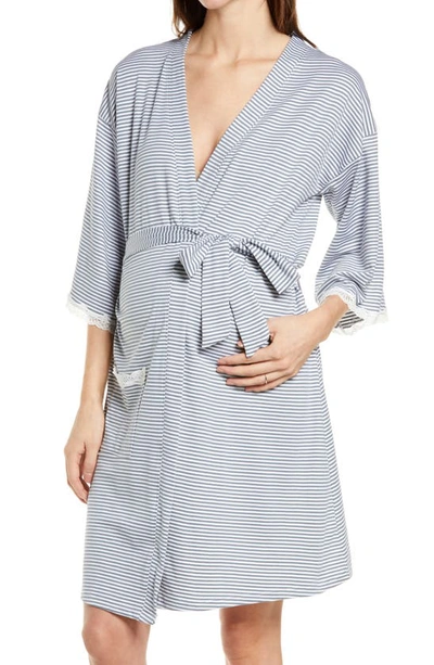 Shop Belabumbum Ashley Cotton Blend Maternity Robe In Gray / White Stripe