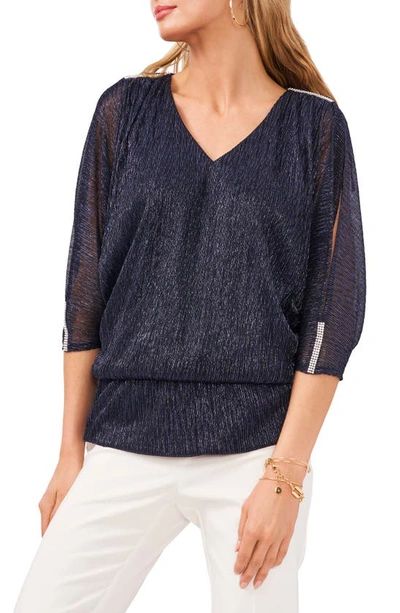 Chaus Metallic Split Sleeve Top In Navy