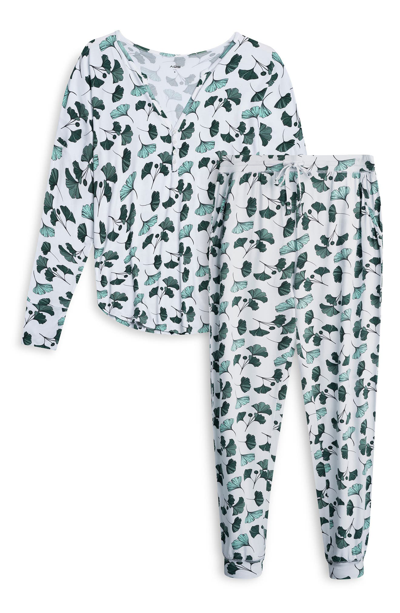 Shop Aqs Leaf Print Long Sleeve Henley & Joggers 2-piece Pajama Set In White