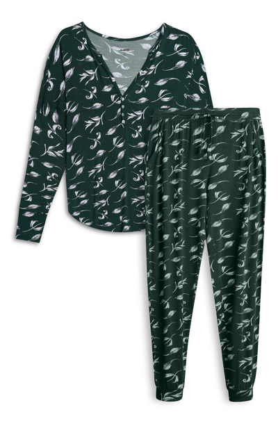 Shop Aqs Leaf Print Long Sleeve Henley & Joggers 2-piece Pajama Set In Green