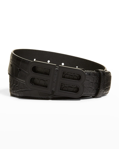 Shop Balenciaga Men's Bb Croc-embossed Belt In Noir