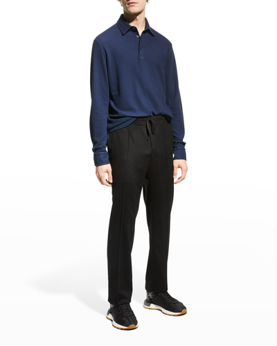 Shop Loro Piana Men's Long-sleeve Pique Polo Shirt In Deep Ocean Blue