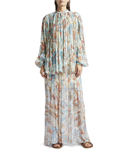 Shop Etro Floral-print Pleated Silk Peasant Blouse In Blue