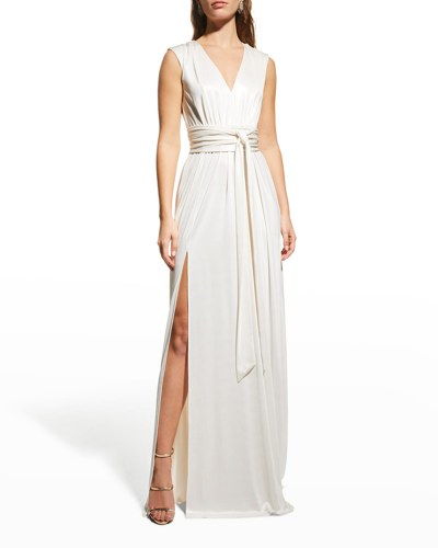 Shop Dress The Population Krista V-neck Tie-waist Coated Jersey Gown In White