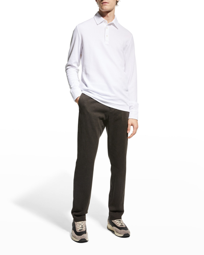 Shop Loro Piana Men's Long-sleeve Pique Polo Shirt In White