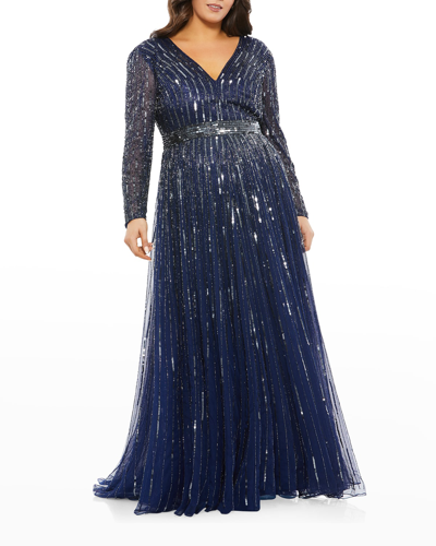 Shop Mac Duggal Plus Size Long-sleeve Sequin A-line Gown In Midnight