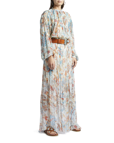 Shop Etro Floral-print Pleated Silk Maxi Skirt In Blue