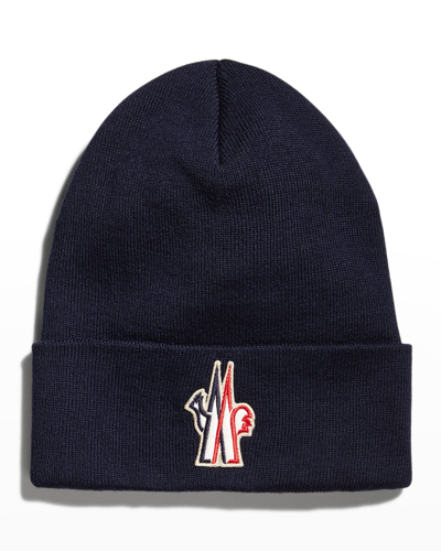 Shop Moncler Men's Tight Knit Beanie Hat W/ Logo Patch In Navy